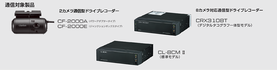 通信対象製品　2カメラ通信型ドライブレコーダー　CF2000A/CF2000E、8カメラ対応通信型ドライブレコーダー　CRX3108T(デジタルタコゴラフ一体型モデル)、CL-8CM2(標準モデル)