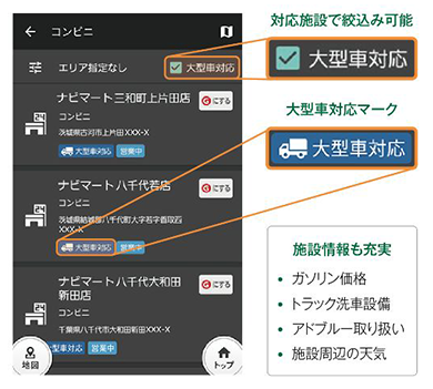 トラックが駐車できる施設を絞り込んで検索できます。