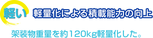 軽い　軽量化による積載能力の向上 架装物重量を約120kg軽量化した。