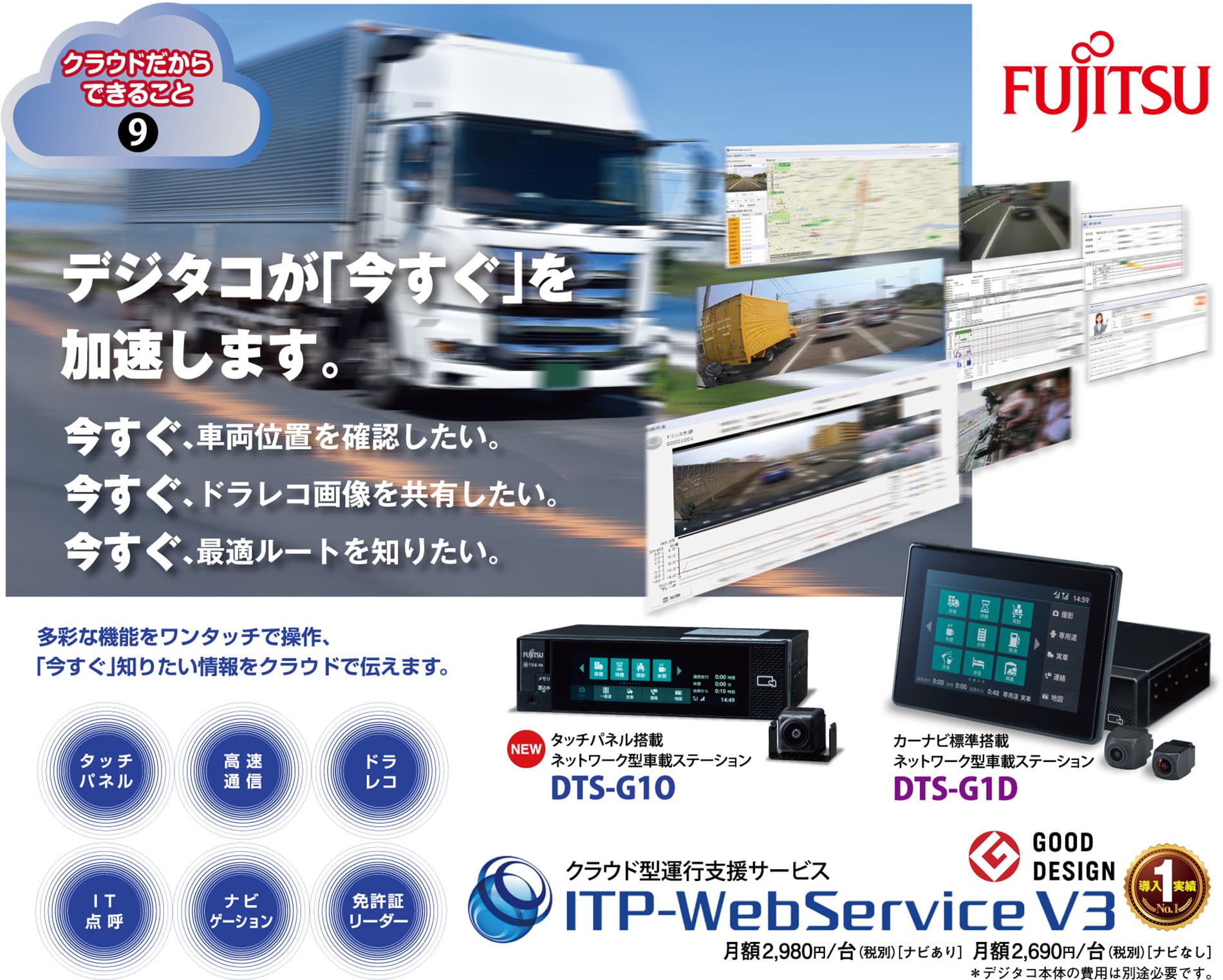 デジタコが「今すぐ」を加速します。多彩な機能をワンタッチで操作、「今すぐ」知りたい情報をクラウドで伝えます。クラウド型運行支援サービス「ITP-Web
Service V3」